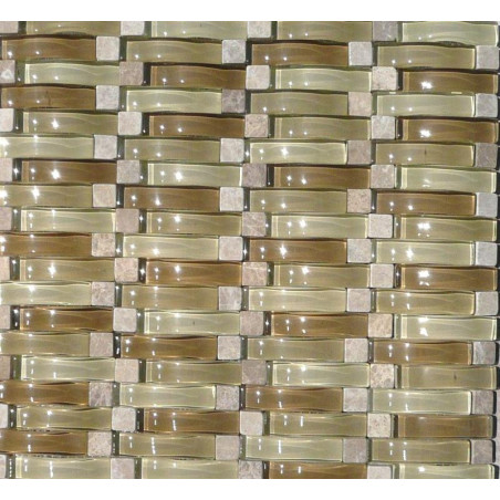 Brun mosaïque mix barrette ondulé brun verre et marbre par plaque 30 cm