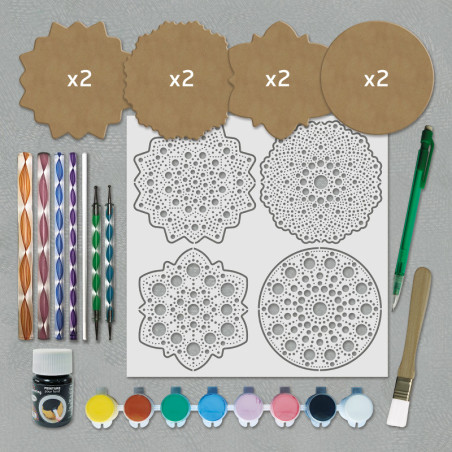 Coffret 8 support bois de 10 cm avec set outils painting pour réaliser votre dot painting relaxant
