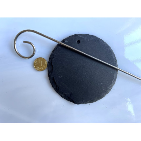 Ardoise rond 10 cm écritoire percé à suspendre avec tige inox 40 cm