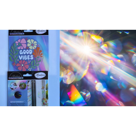 Suncatcher attrape lumière autocollant pvc pour vitre good vibes avec fleur seventy's