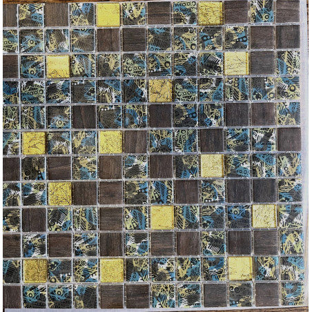 Bleu brun vert tissu africain Kampala et doré mosaïque 2.4 cm émaux de verre mat par plaque 31.5 cm