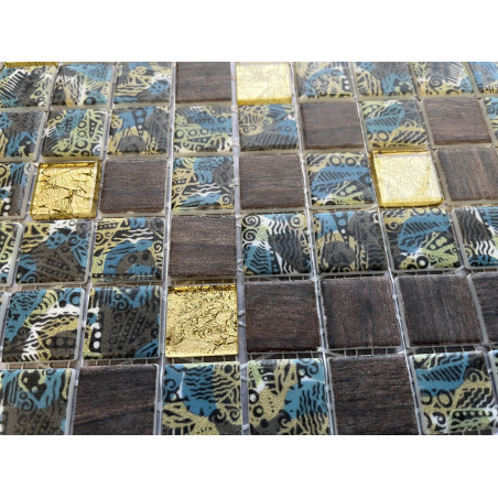 Mosaique emaux de verre tissu africain par plaque de 31,6 cm Achat mosaïque impression vert et brun