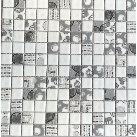 Blanc et noir impression KITCHEN Mix mosaïque 2.4 cm émaux de verre mat par plaque 31.5 cm