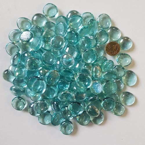 Bleu bille de verre plate bleu cyan clair Aqua blue translucide 17-20 mm par 200 grammes
