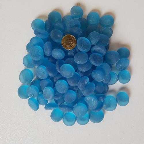 Bleu Bille de verre plate bleu turquoise foncé givré frosted translucide 17-20 mm par 200 grammes